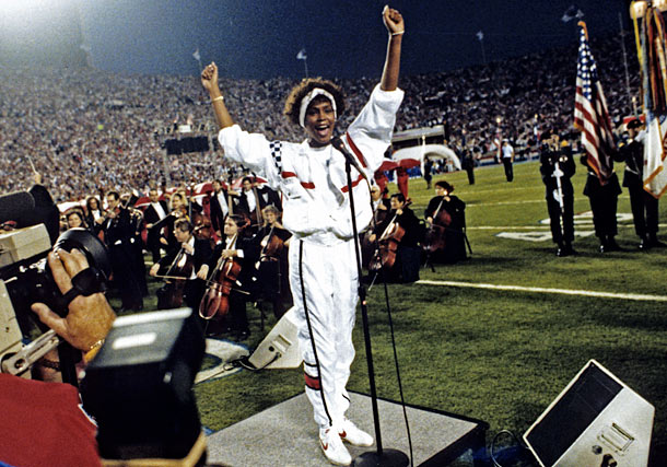 Whitney Houston sings the National Anthem at Super Bowl XXV, January 27, 1991.
