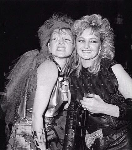 Cyndi Lauper and Bonnie Tyler ham it up after the 1984 Grammys.